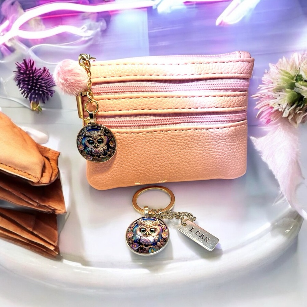 Pink Coin Purse with Owl Keychain
